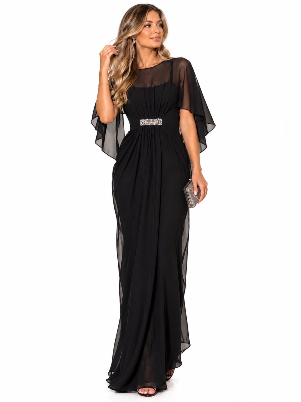Teri Jon Black Chiffon Maxi with Rhinestone Waist